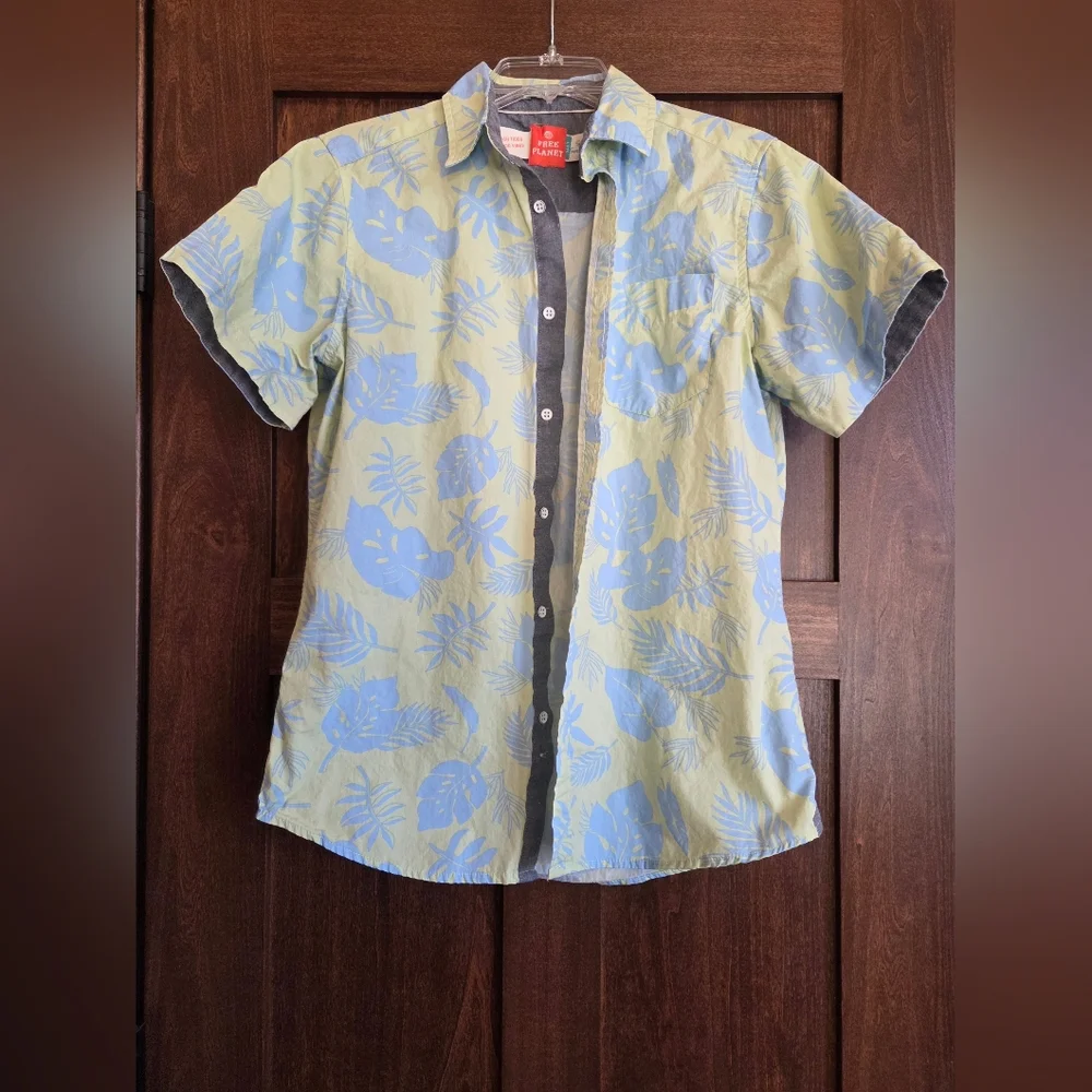 Free Planet Hawaiian Light Green and Blue Leaf Print Shirt - Picture 2 of 6
